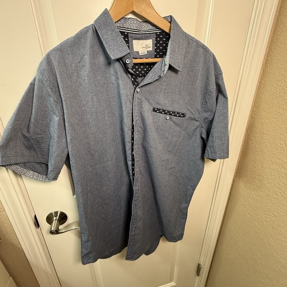 Craft + Flow Men's XL Blue Short Sleeve Button Front Shirt Stretch Casual Pocket